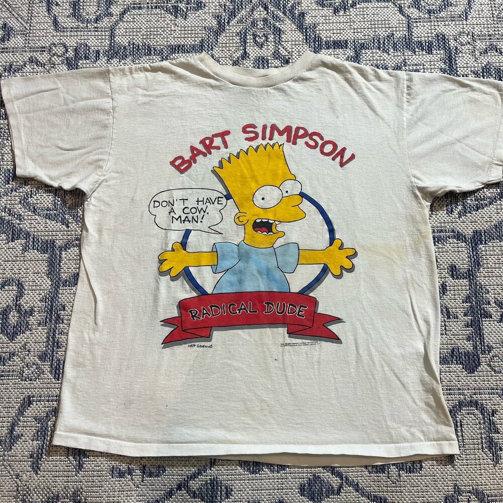 VTG 1989 Bart Simpson Radical Dude Cartoon White Graphic USA T Shirt SZ Boxy L